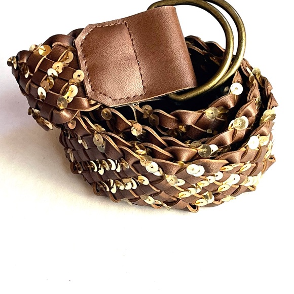 Vintage Y2K Brown Braided Gold Sequins Wide D Ring Belt - Picture 2 of 7